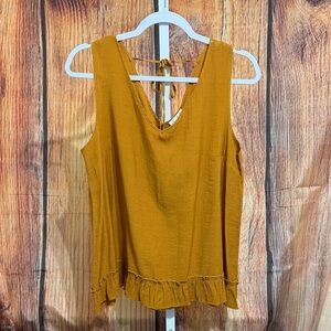 Mustard Ruffle-Hem Sleeveless V-Neck Top - Women